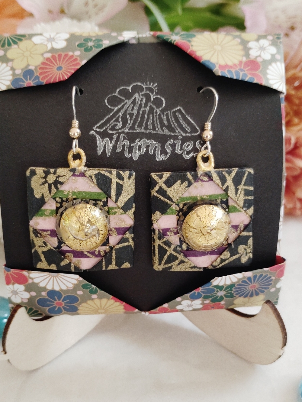 Handmade Black & Gold Geometric Square Drop Origami Earrings